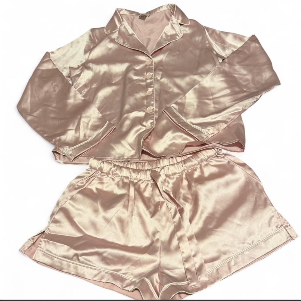 Silky light pink Pajama Set - Women's Satin Short-Sleeve Top & Shorts